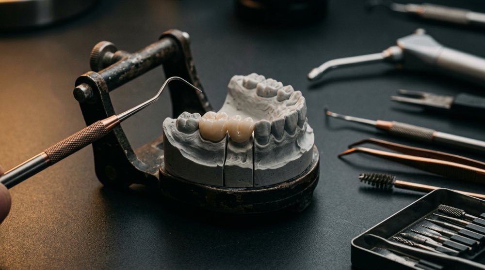 Prótesis dental sobre modelo de escayola en el taller